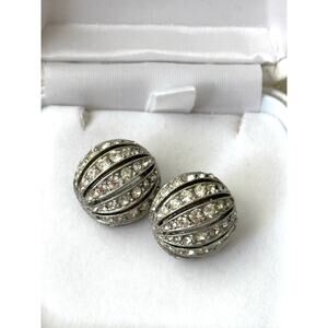Vintage Hobé Rhinestone Dome Earrings Art Deco Style Silver Tone Pavé Clip Ons